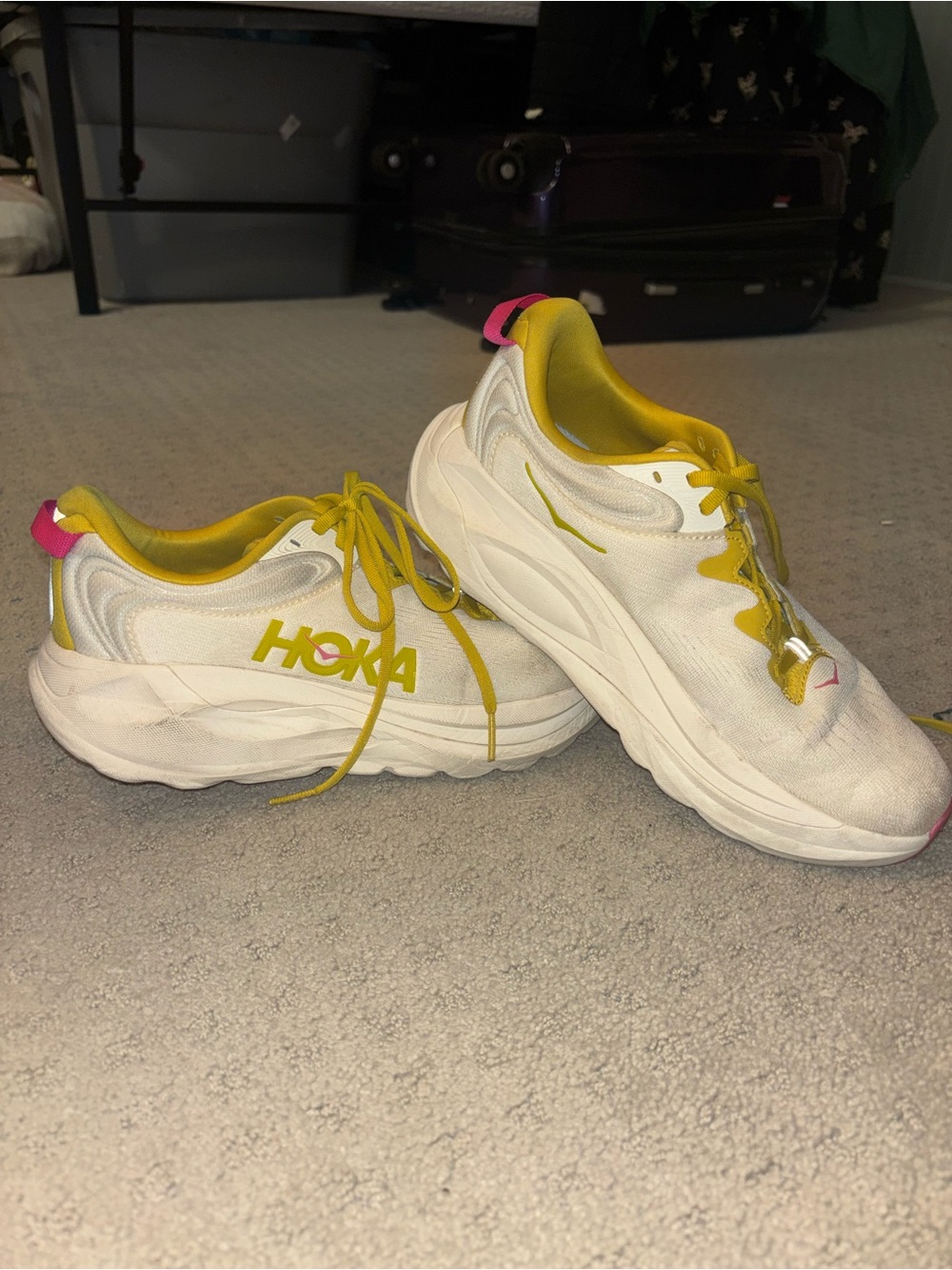 Hoka Gaviota 6 Cream Athletic Sneakers with Yellow & Pink Accents